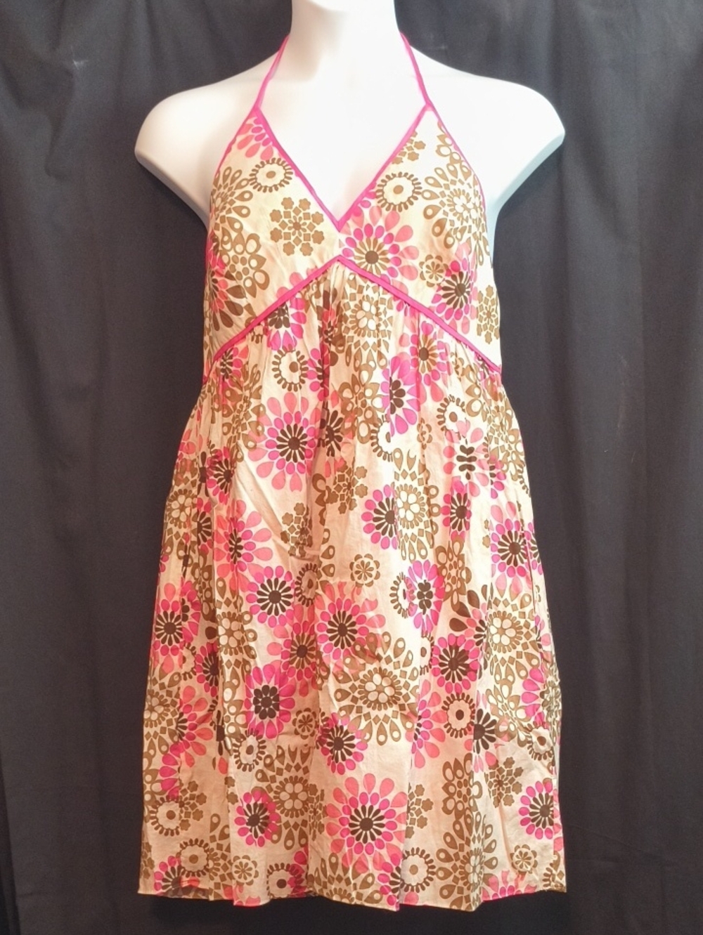 New York & Company Pink and Cream With Brown Floral Halter Sundress #0105